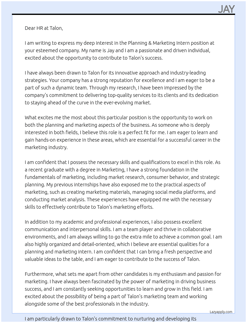 Planning & marketing intern At Talon Cover Letter