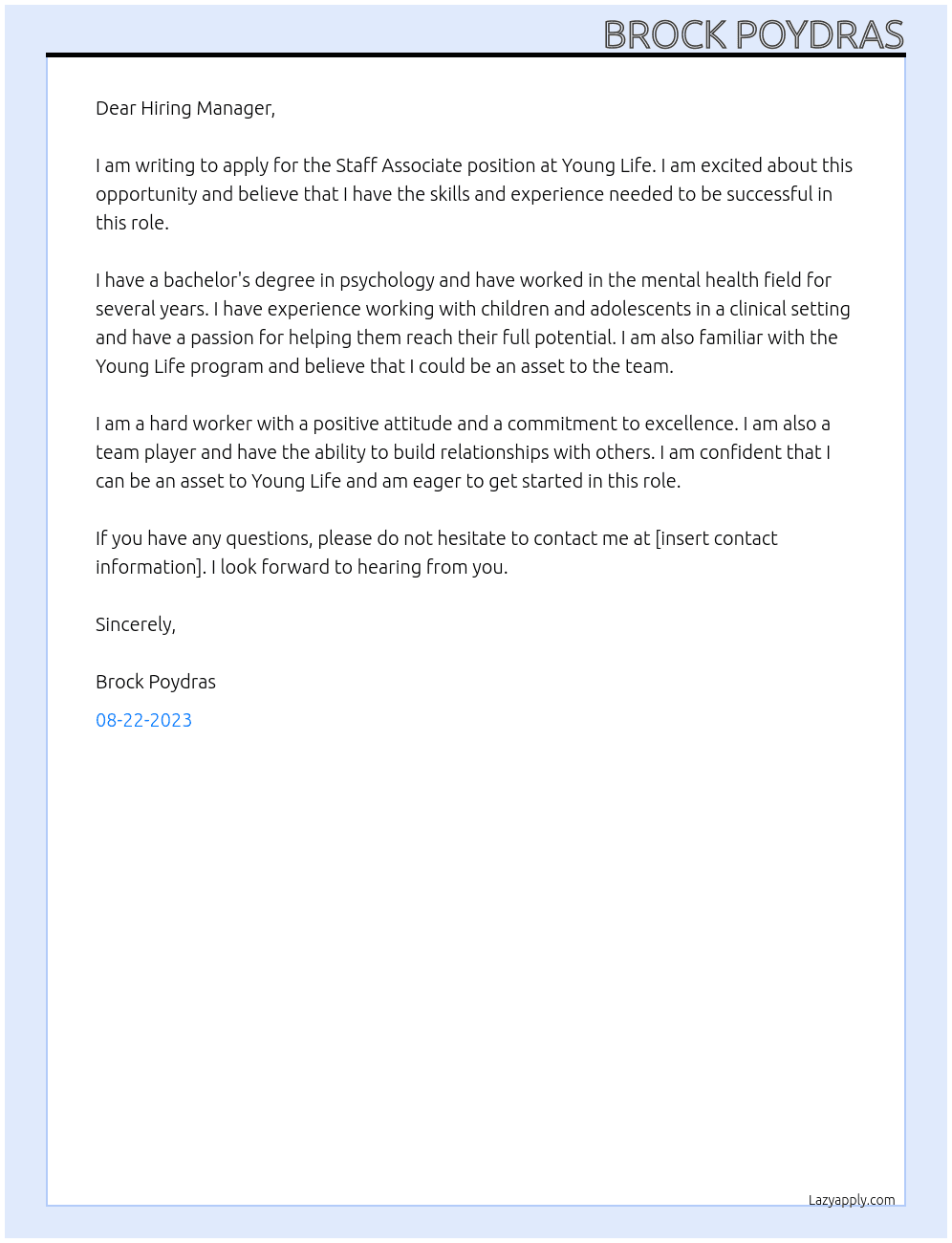 Staff Associate - The Woodlands, TX At Young Life Cover Letter