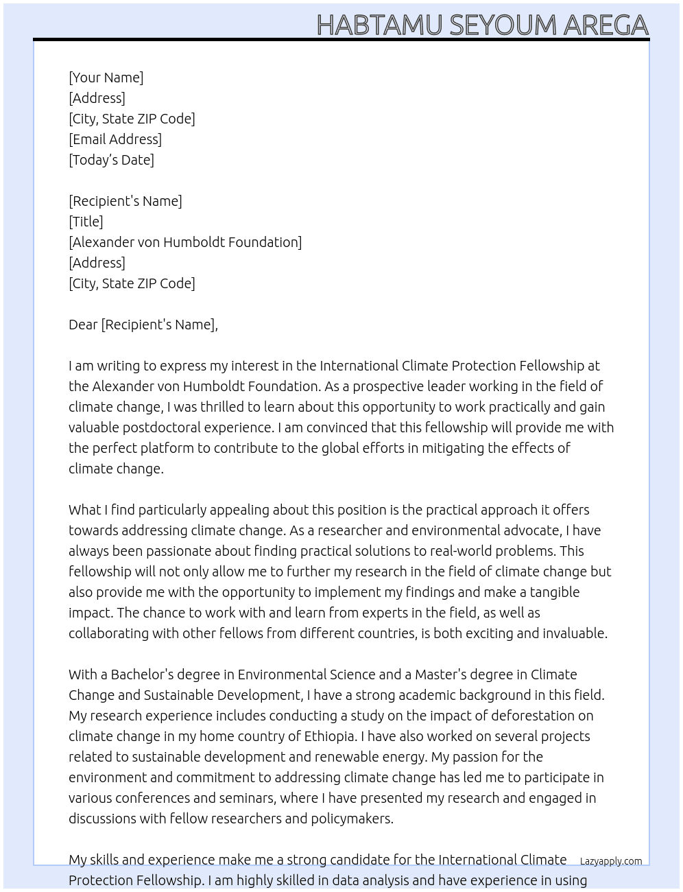 International Climate Protection Fellowship for prospective leaders working practically and postdocs Fellowship At Alexander von Humboldt Foundation Cover Letter