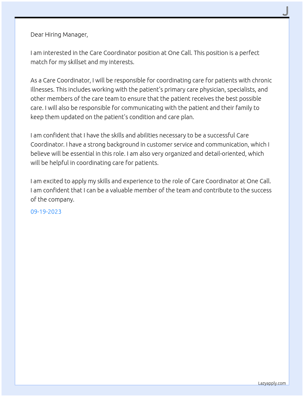 Care Coordinator At One Call Cover Letter