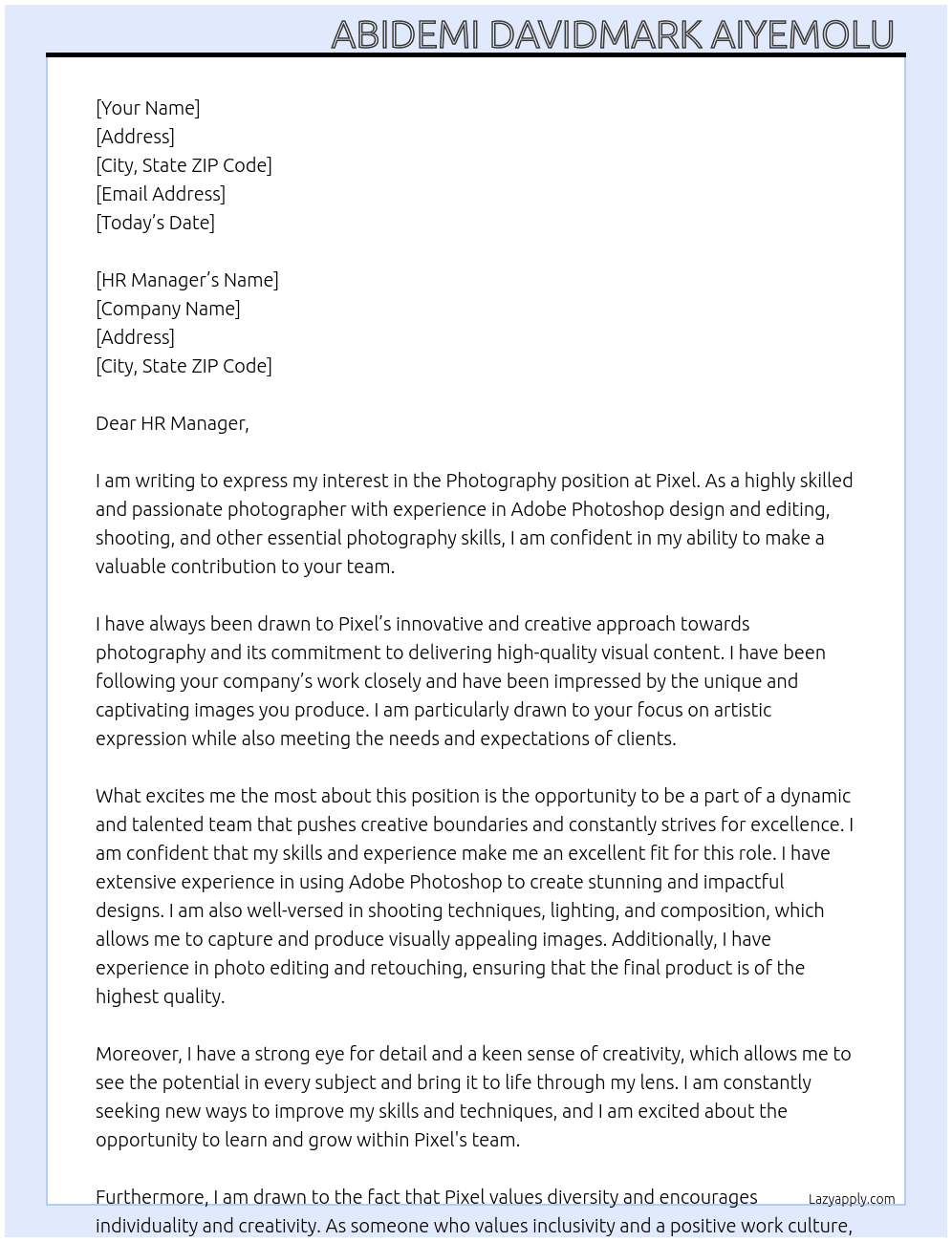 Photography  At Pixel  Cover Letter
