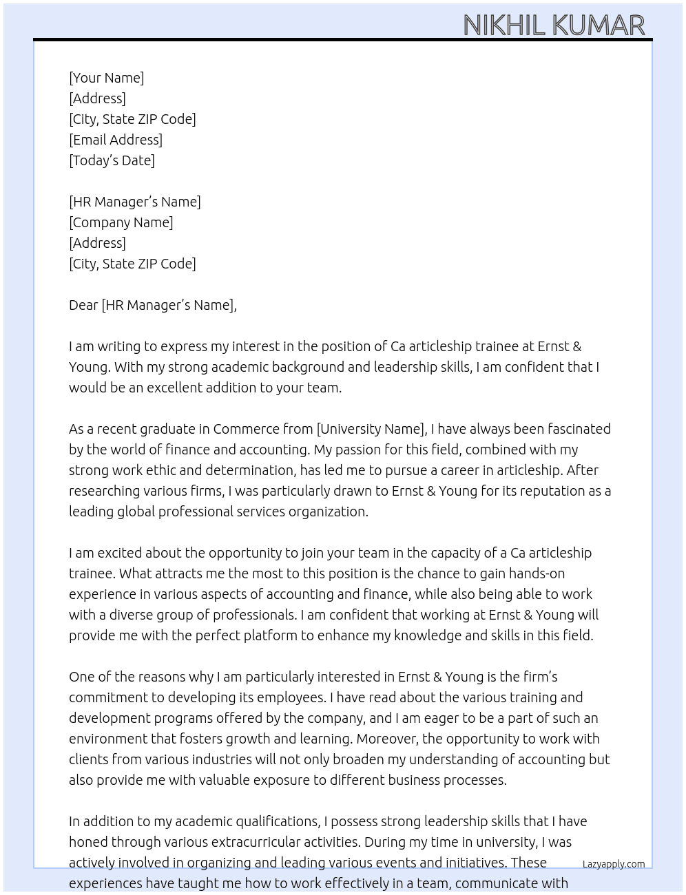 Ca articleship trainee  At Ernst & Young Cover Letter