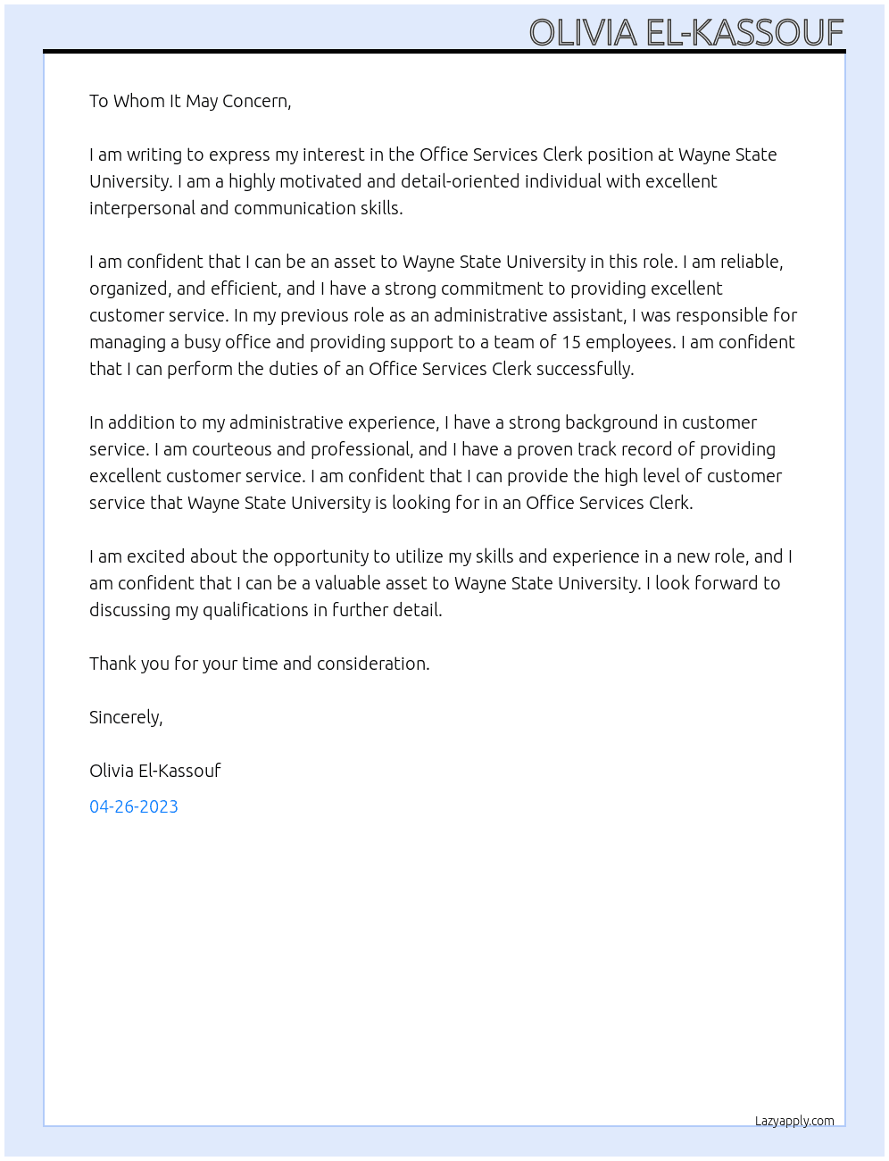 Office Services Clerk At Wayne State University Cover Letter