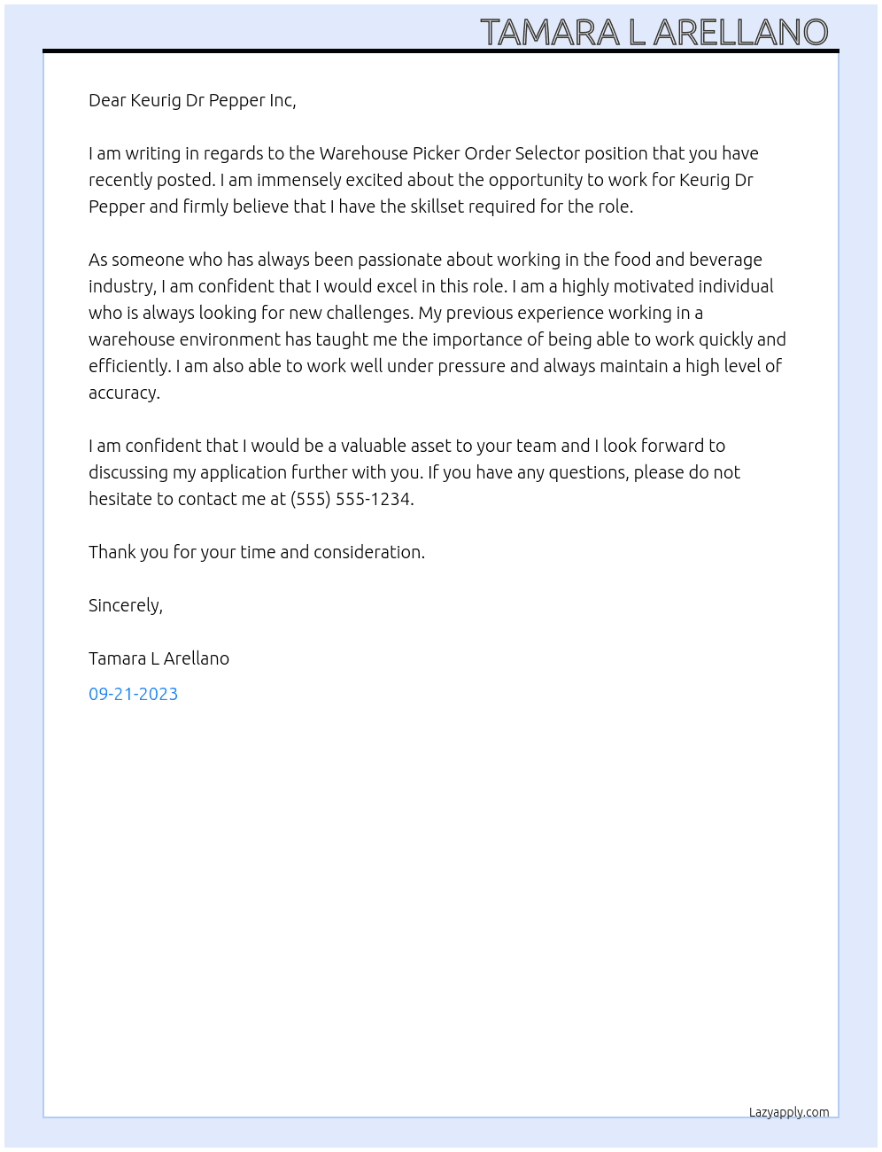 Warehouse Picker Order Selector At Keurig Dr Pepper Cover Letter