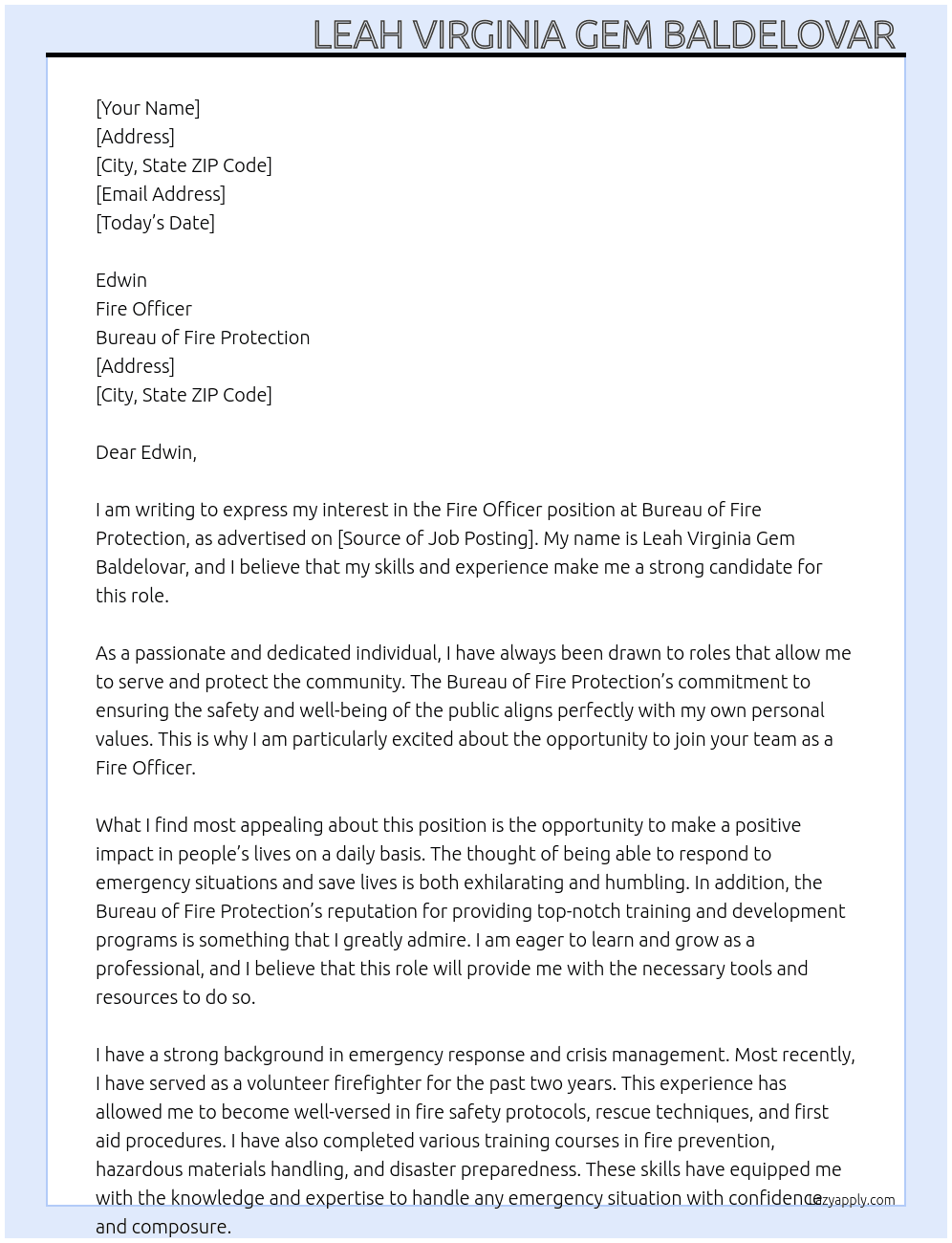Fire officer At Bureau of Fire Protection  Cover Letter