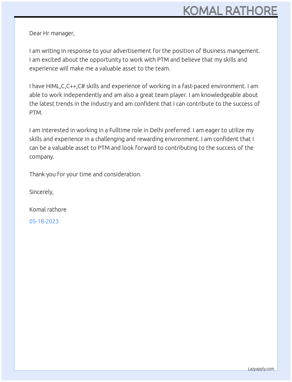 Business mangement  At PTM Cover Letter