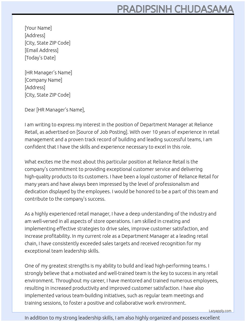 Department manager At Reliance retails Cover Letter
