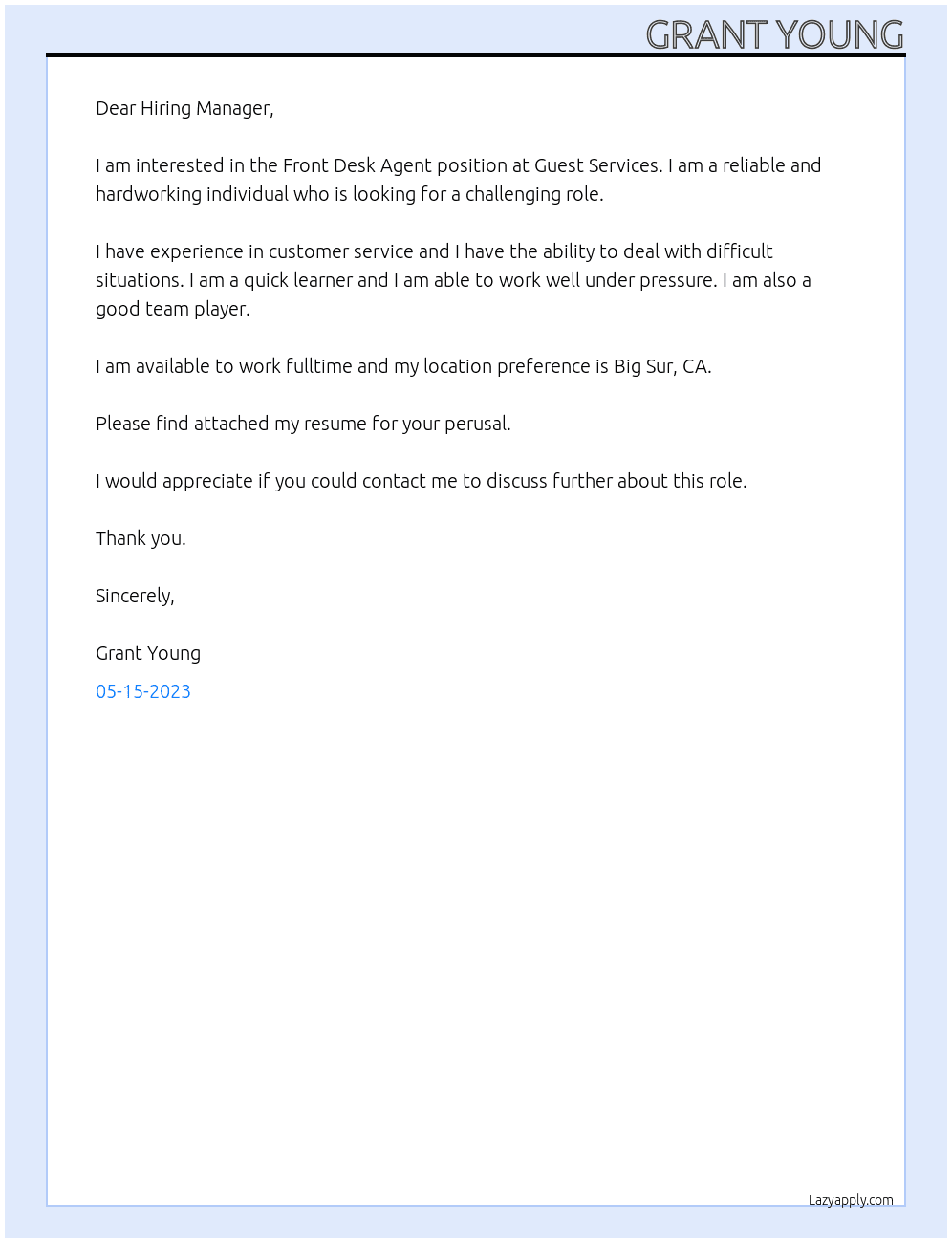Front Desk Agent At Guest Services Cover Letter
