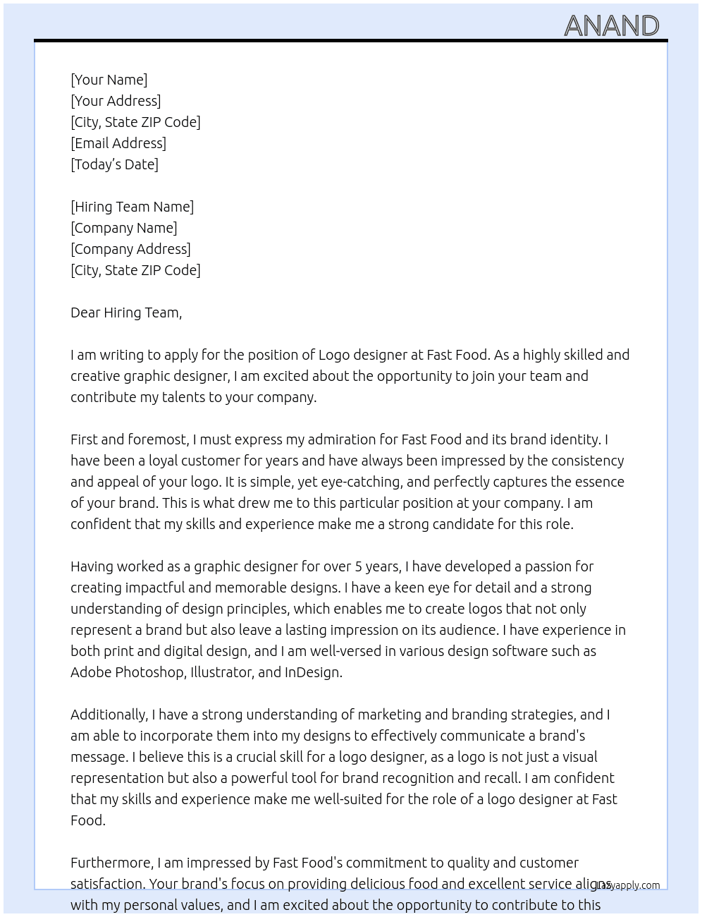 Logo designer At Fast food  Cover Letter