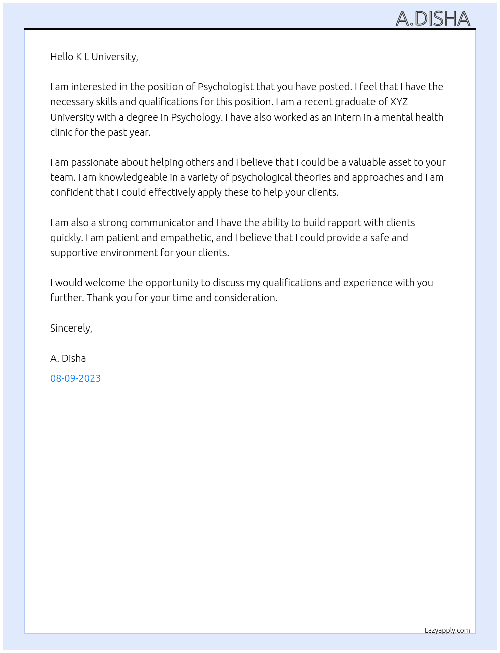 Psychologist  At K L University  Cover Letter