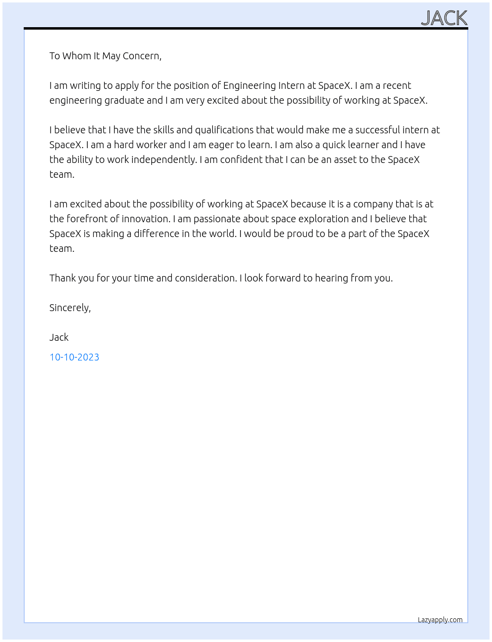 Engineering Intern At SpaceX Cover Letter