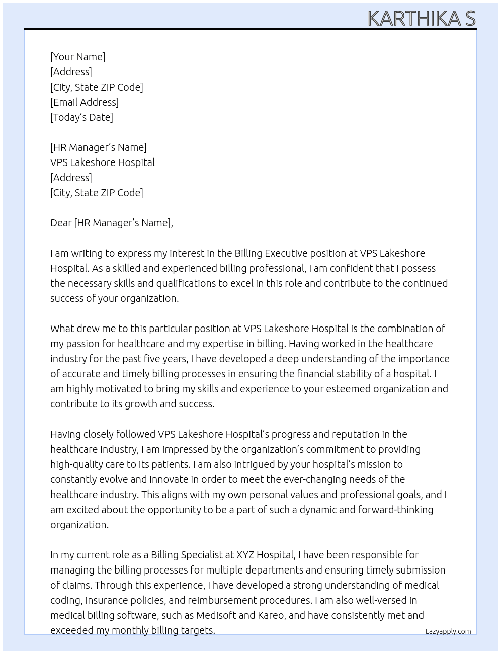 Billing Executive At VPS Lakeshore Hospital Cover Letter