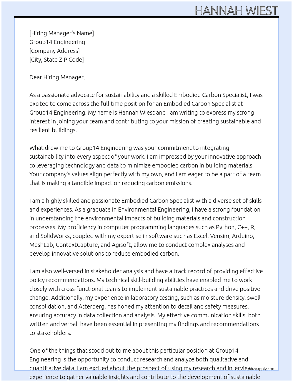 Embodied Carbon Specialist At Group14 Engineering Cover Letter