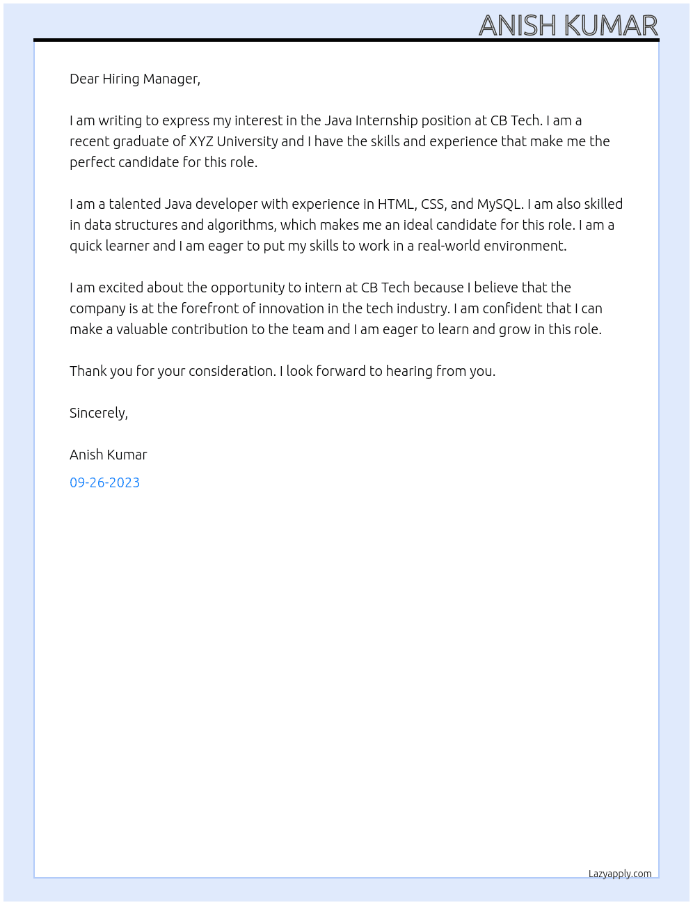 Java Internship At CB Tech Cover Letter
