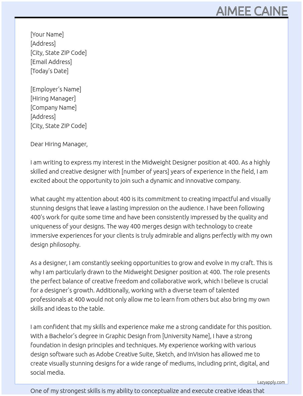 Midweight Designer At 400 Cover Letter