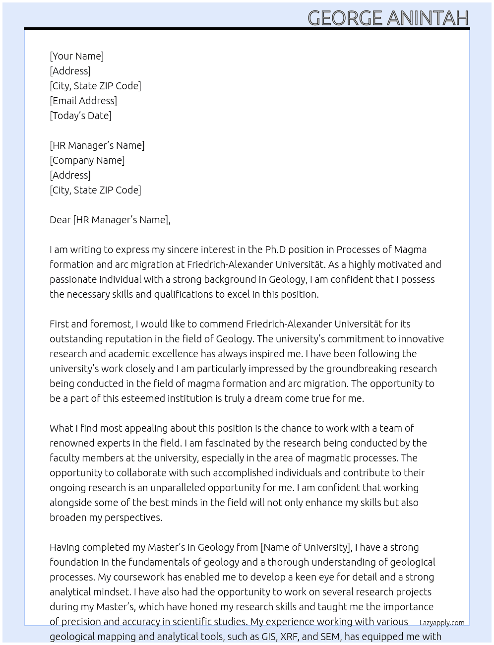 Ph.D position in Processes of Magma formation and arc migration  At Friedrich-Alaxander Universität Cover Letter