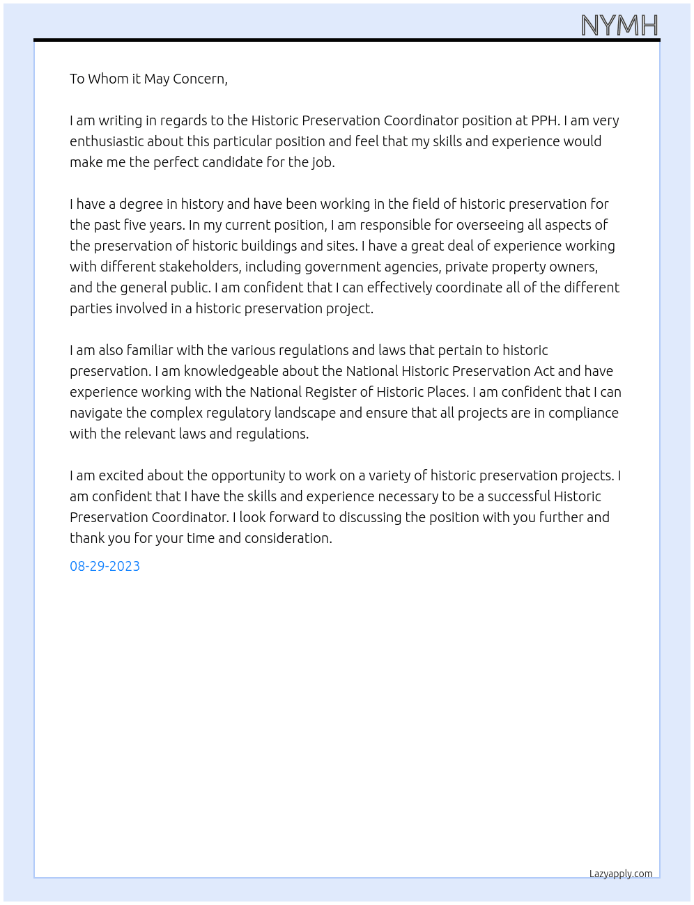 Historic Preservation Coordinator At PPH Cover Letter