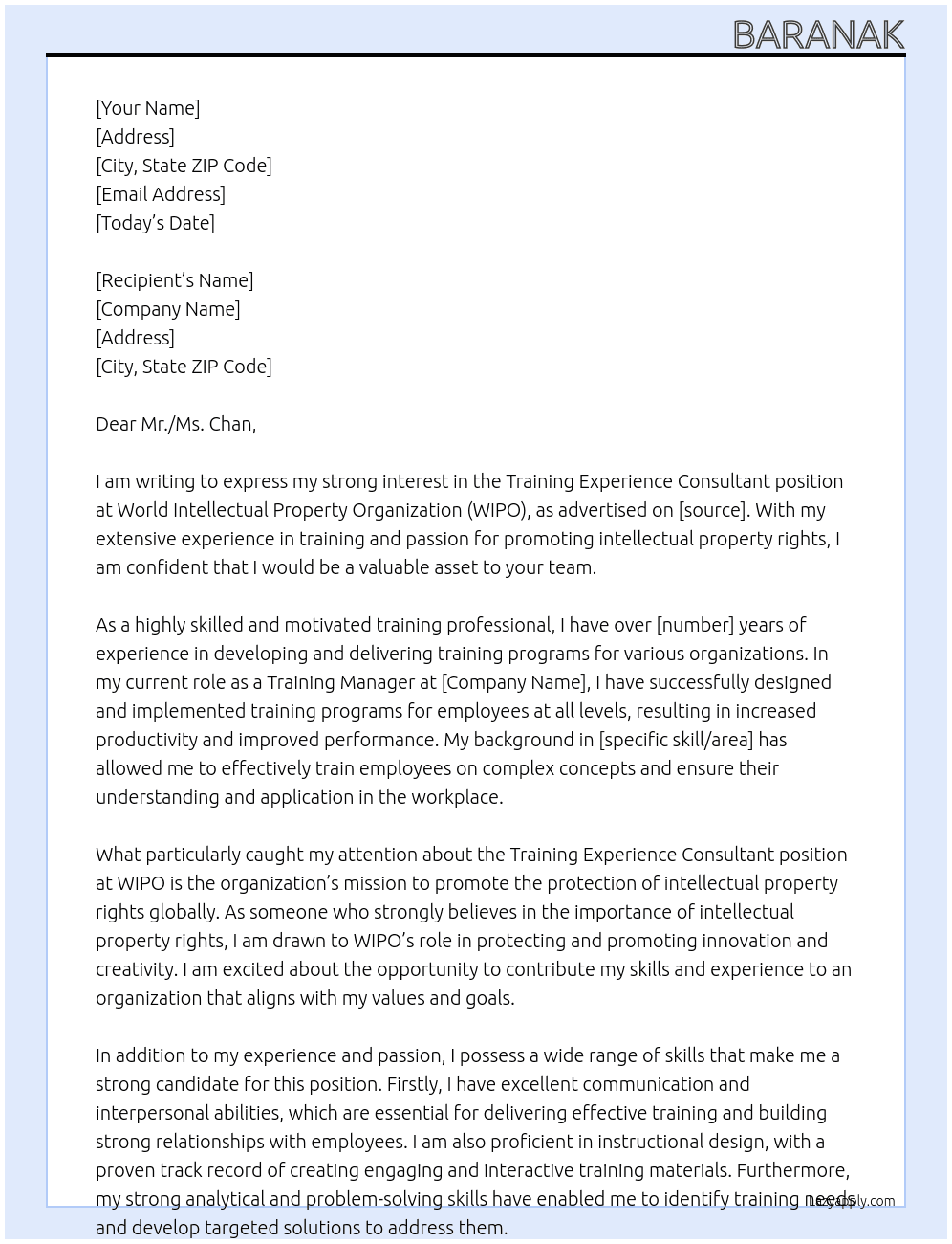 Training Experience Consultant At World Intellectual Property Organization Cover Letter