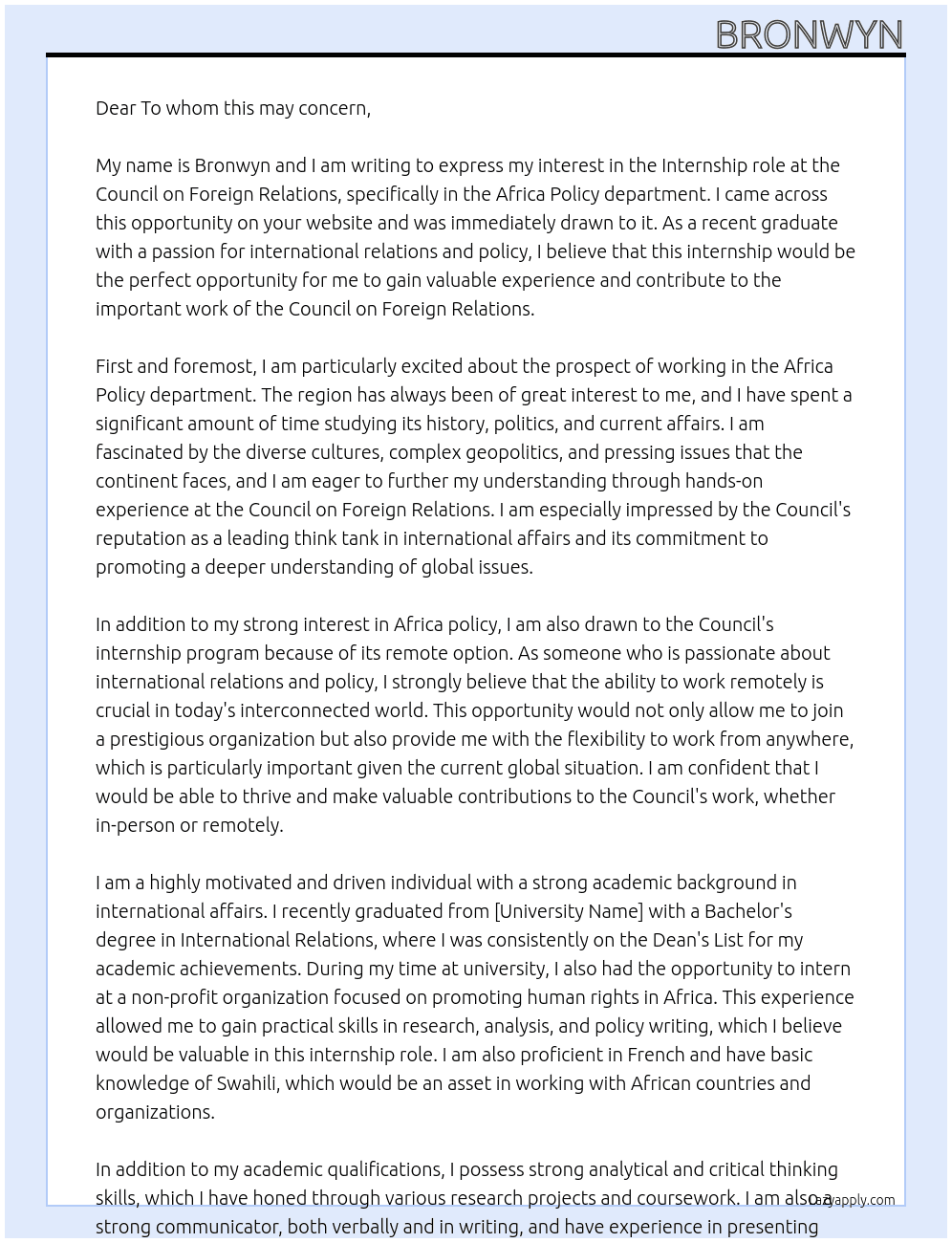 Internship, Africa Policy At Council on Foreign Relations Cover Letter