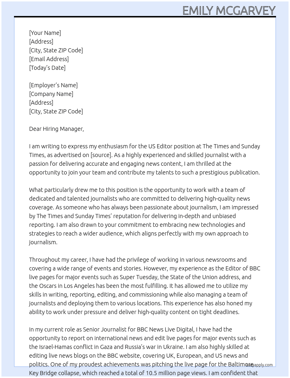 US Editor At The Times and Sunday Times Cover Letter