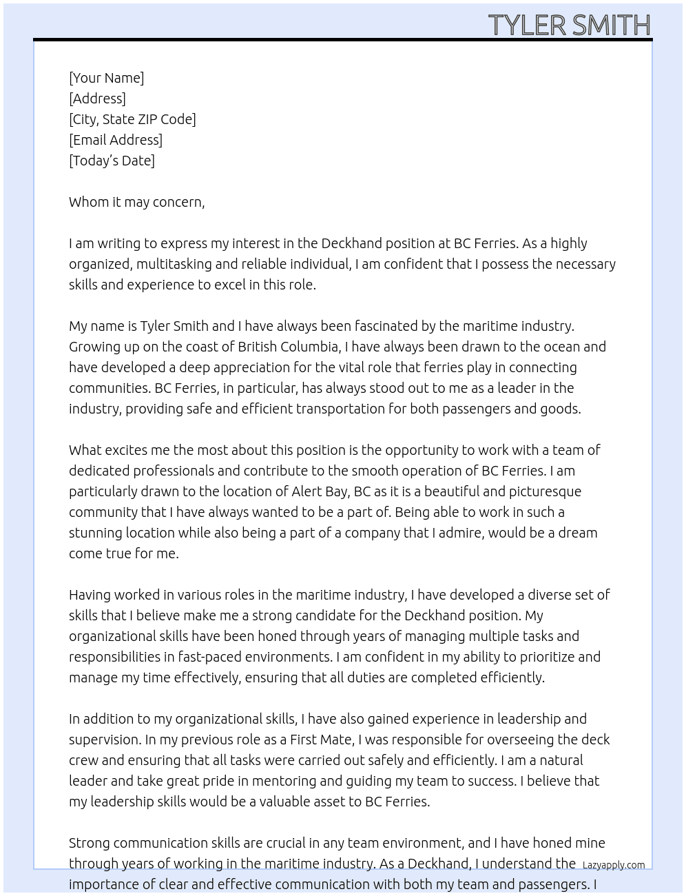 deckhand At BC Ferries Cover Letter