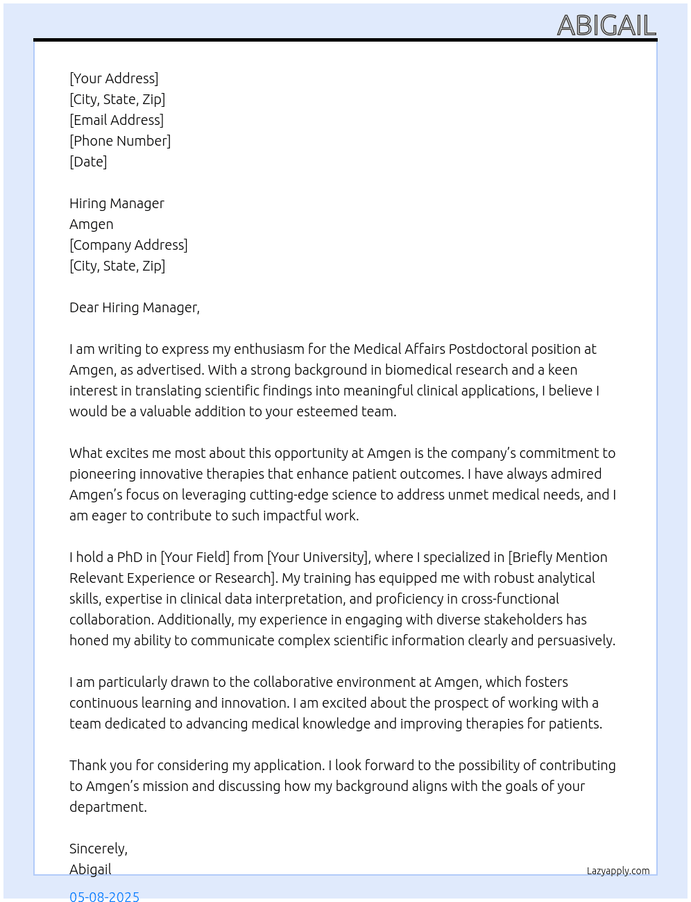 Medical affairs Postdoctoral position At Amgen Cover Letter