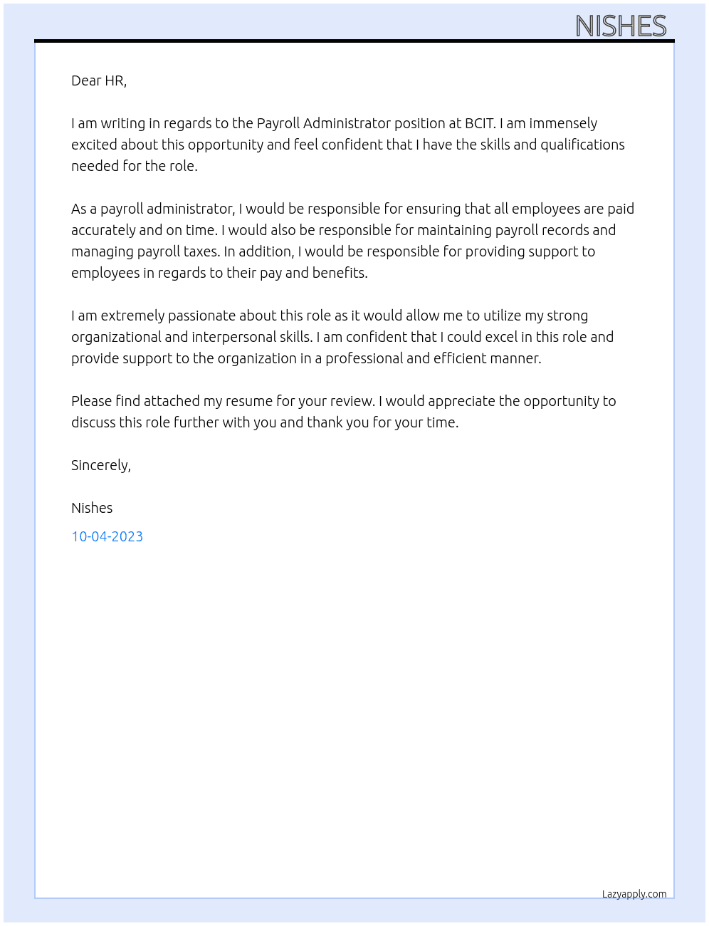 Payroll Administrator At BCIT Cover Letter