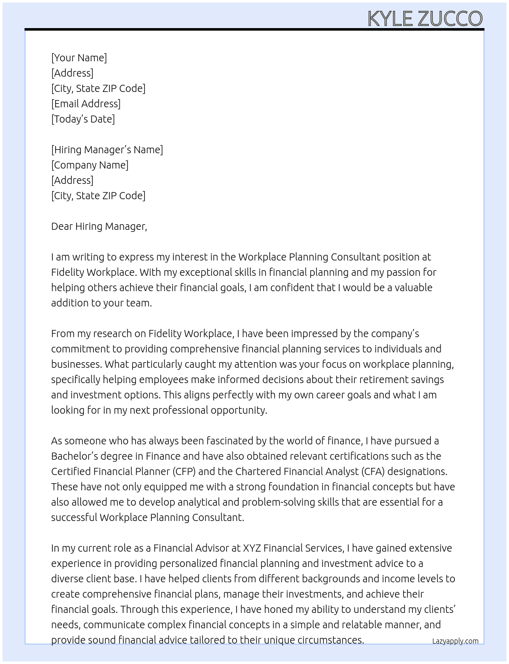 Workplace Planning Consultant At Fidelity Workplace Cover Letter