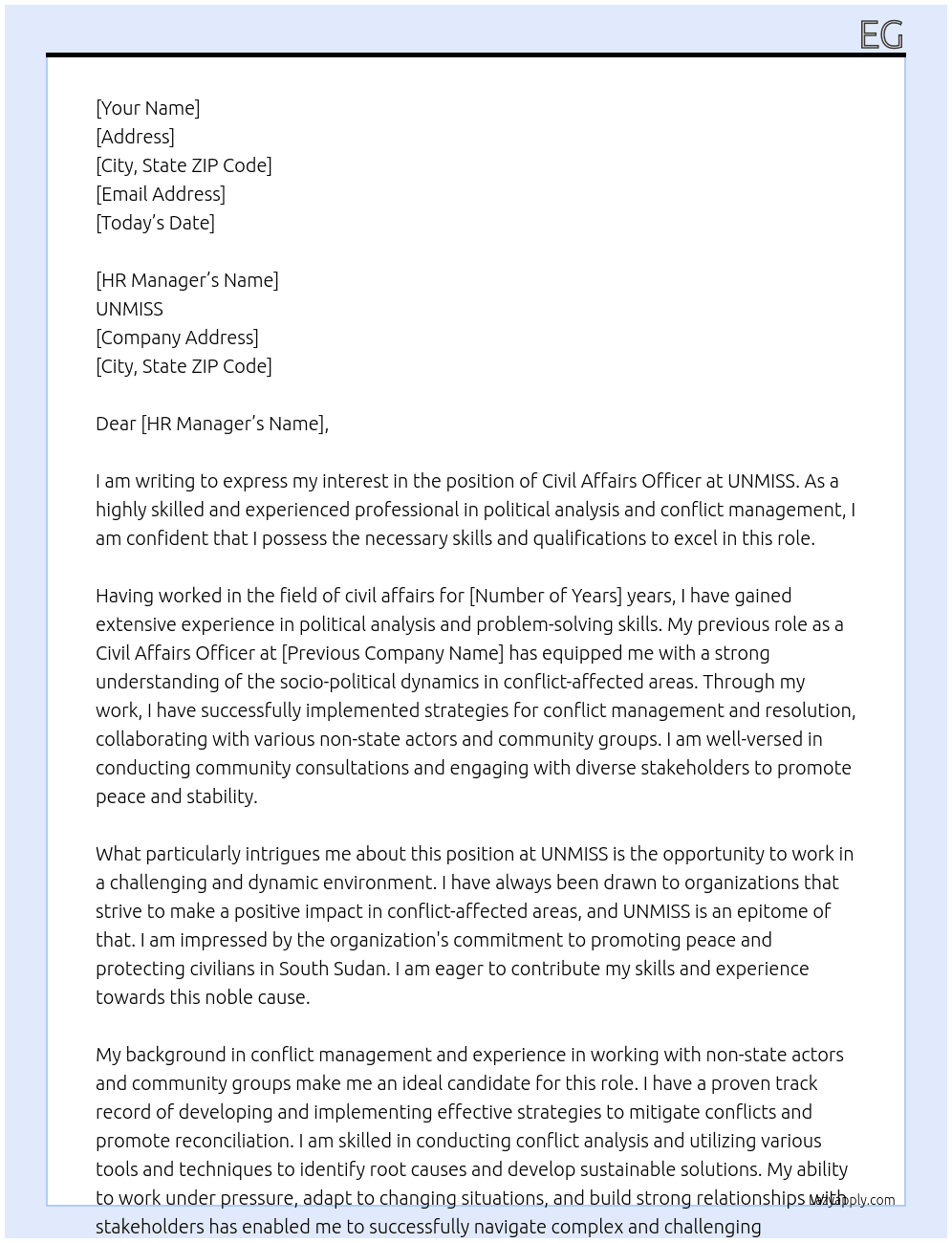 Civil Affairs Officer At UNMISS Cover Letter