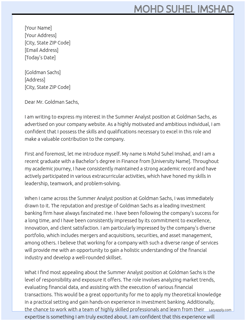 Summer Analyst At  Goldman Sachs Cover Letter