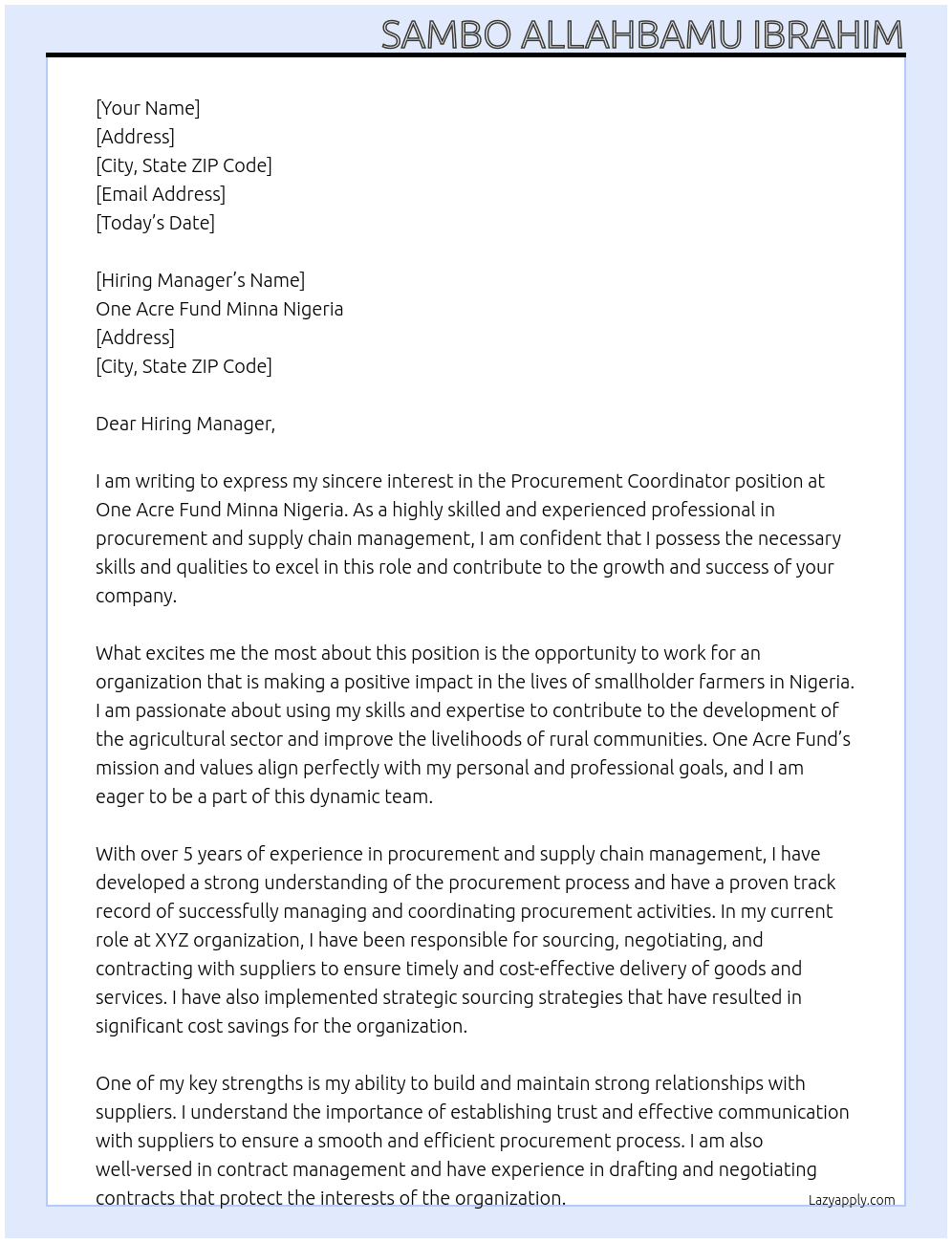 procurement coordinator At One Acre Fund Minna Nigeria Cover Letter