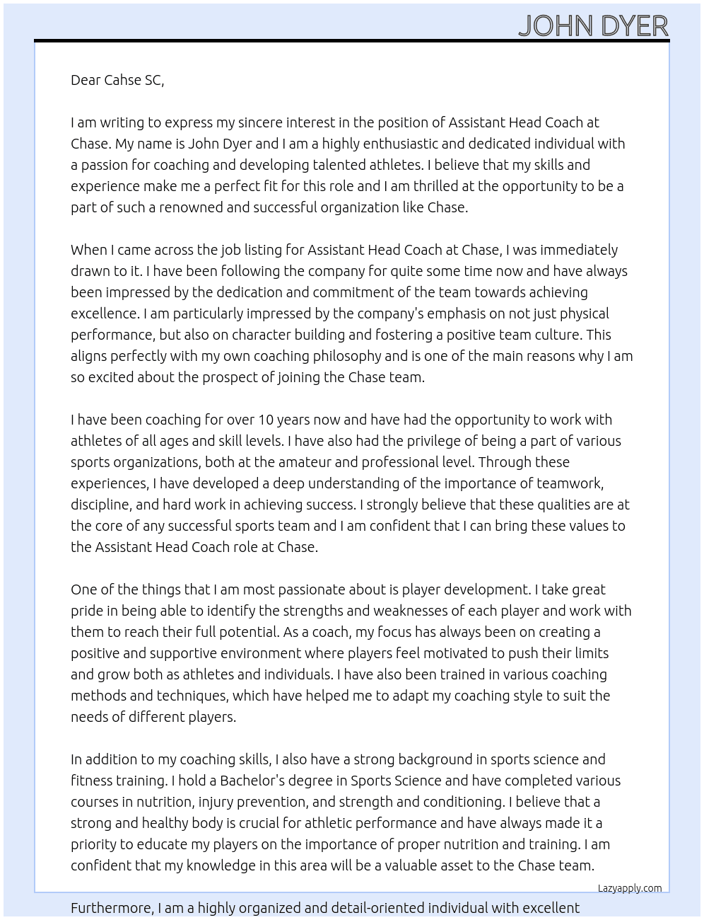 Cover letter for assistant head coach - LazyApply
