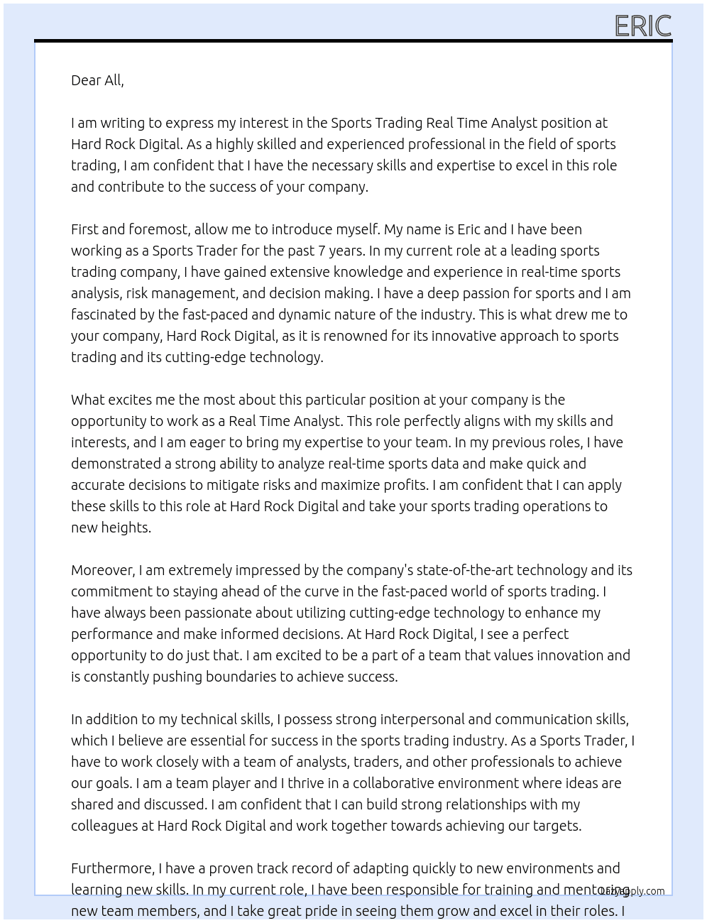 Sports Trading Real Time Analyst At Hard Rock Digital Cover Letter