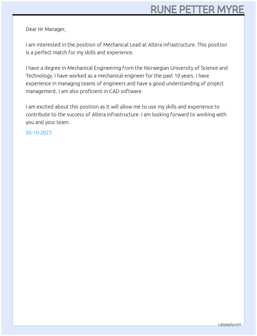 Mechanical Lead At Altera Infrastructure Cover Letter