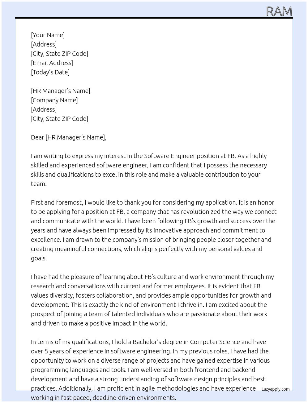 Software Engineer At FB Cover Letter