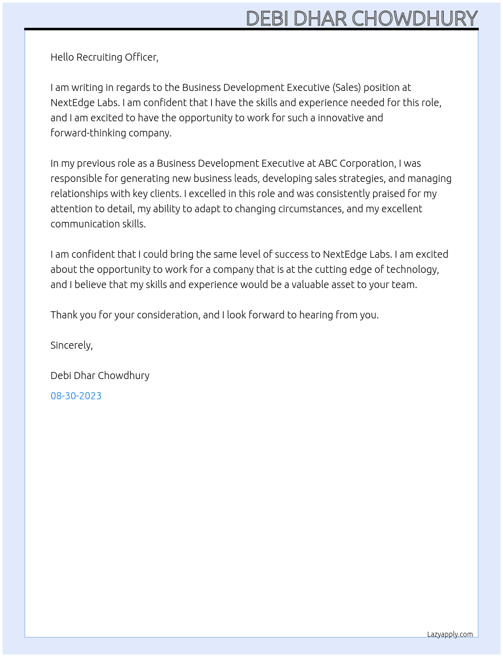Business Development Executive ( Sales) At NextEdge Labs Cover Letter