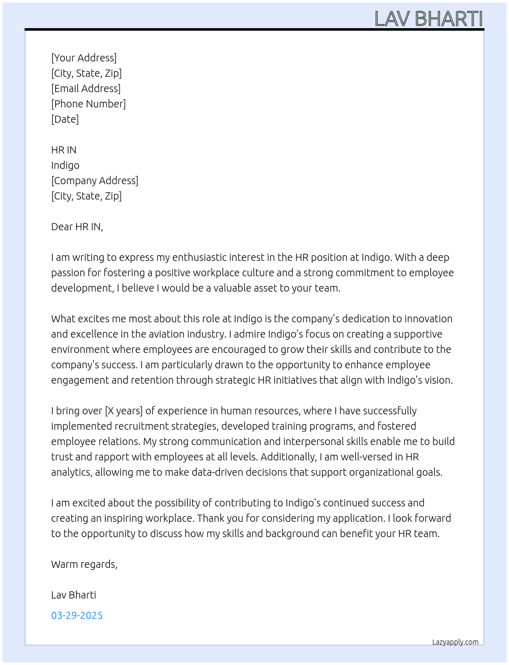 HR At Indigo Cover Letter