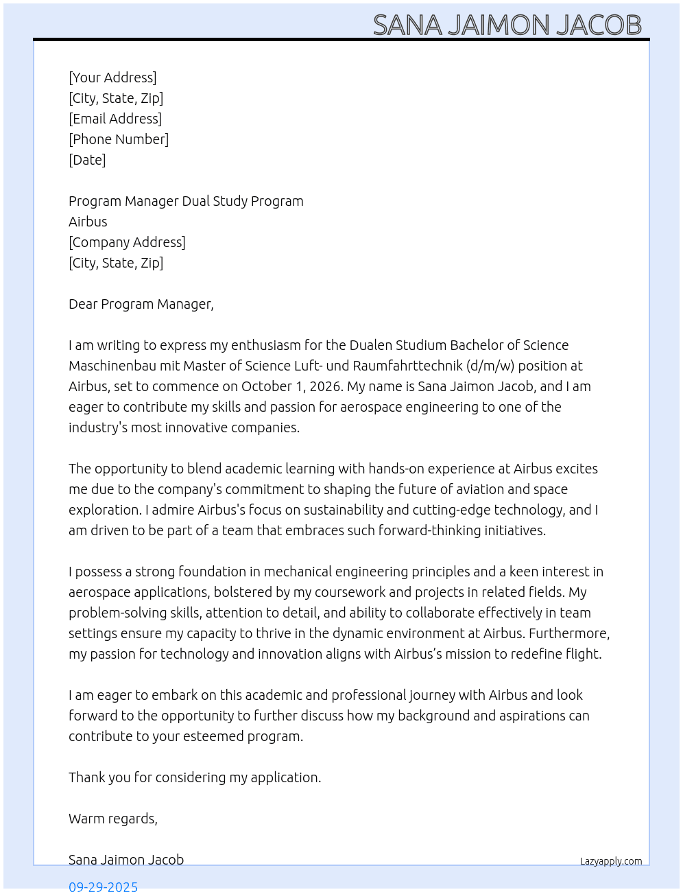 Dualen Studium Bachelor of Science Maschinenbau mit Master of Science Luft- und Raumfahrttechnik (d/m/w) zum 01.10.2026 At Airbus  Cover Letter
