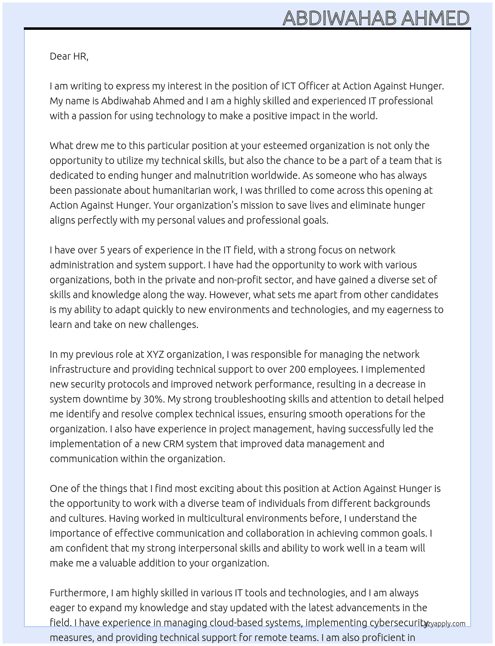 ICT Officer At Action Against Hunger Cover Letter