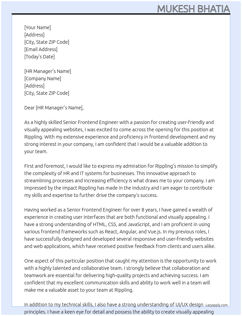 Senior Frontend Engineer At Rippling Cover Letter