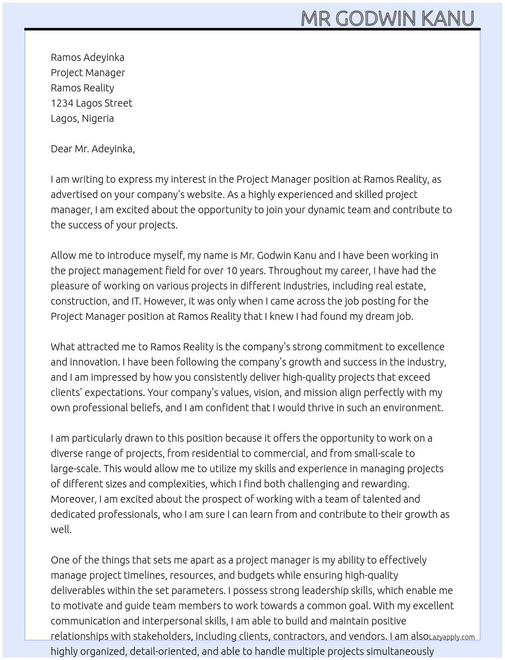 Project manager At Ramos Reality Cover Letter