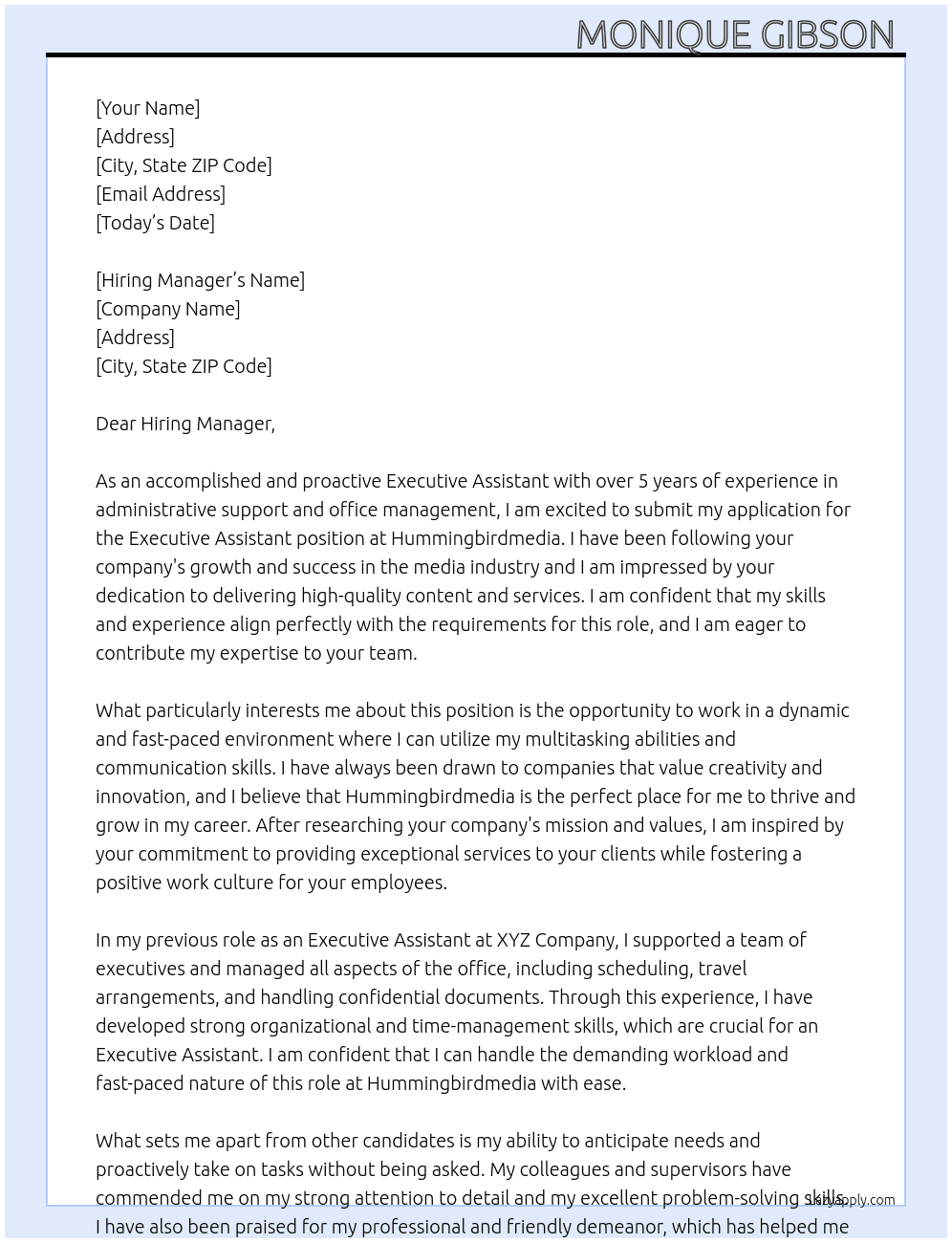 Executive Assistant  At Hummingbirdmedia Cover Letter