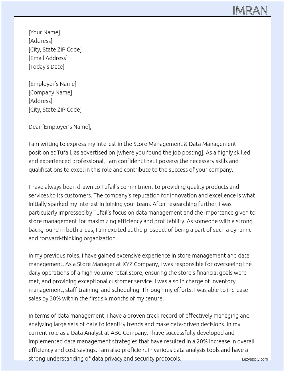Store Management &Data management  At Tufail Cover Letter
