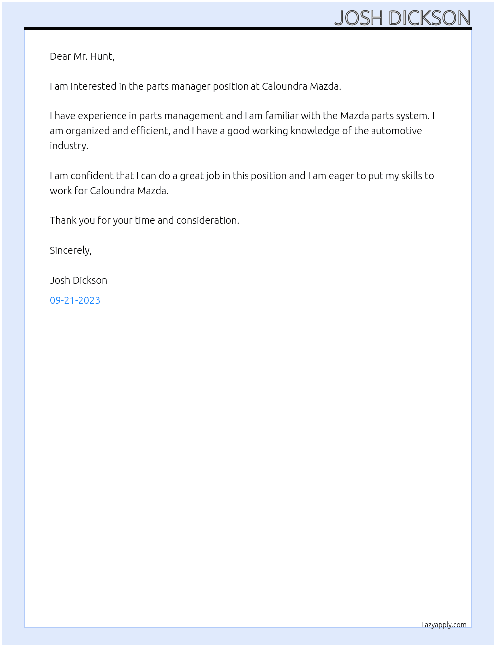 Parts Manager At Caloundra Mazda Cover Letter
