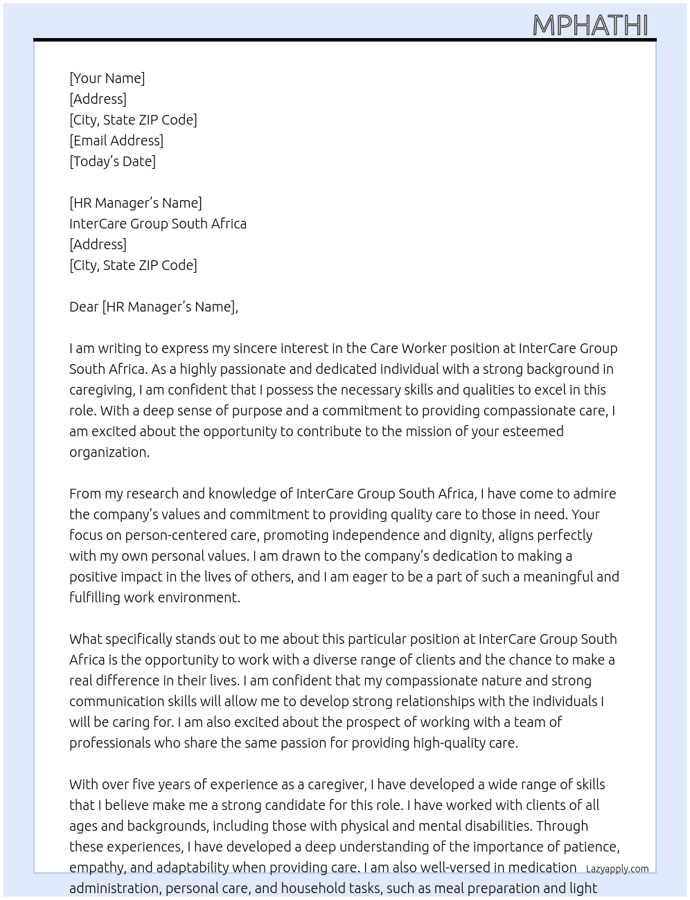 Care Worker  At InterCare Group South Africa  Cover Letter