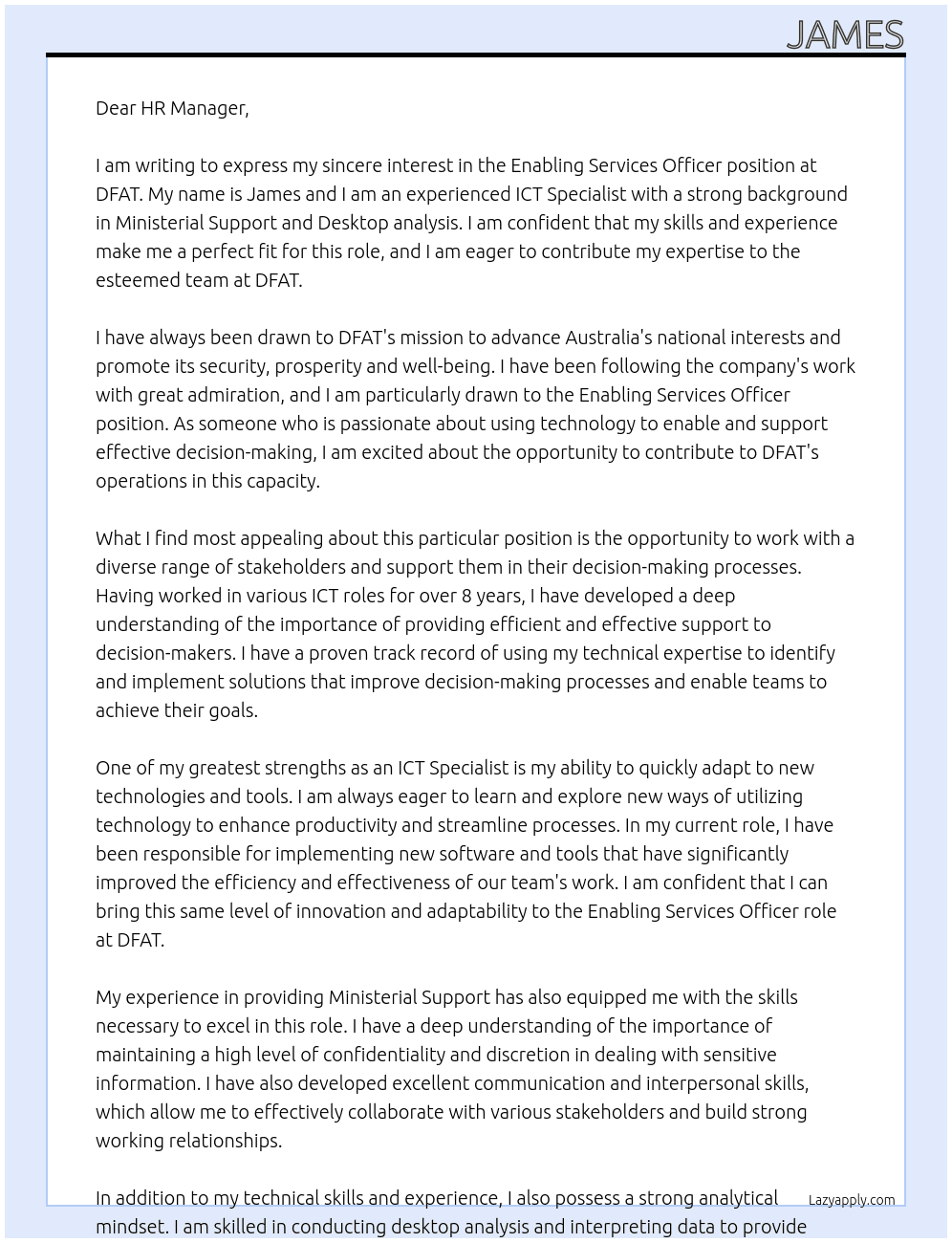 Enabling Services Officer At DFAT Cover Letter