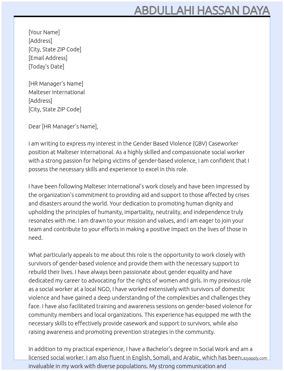Gender Based Violence (GBV) Caseworker At Malteser International  Cover Letter