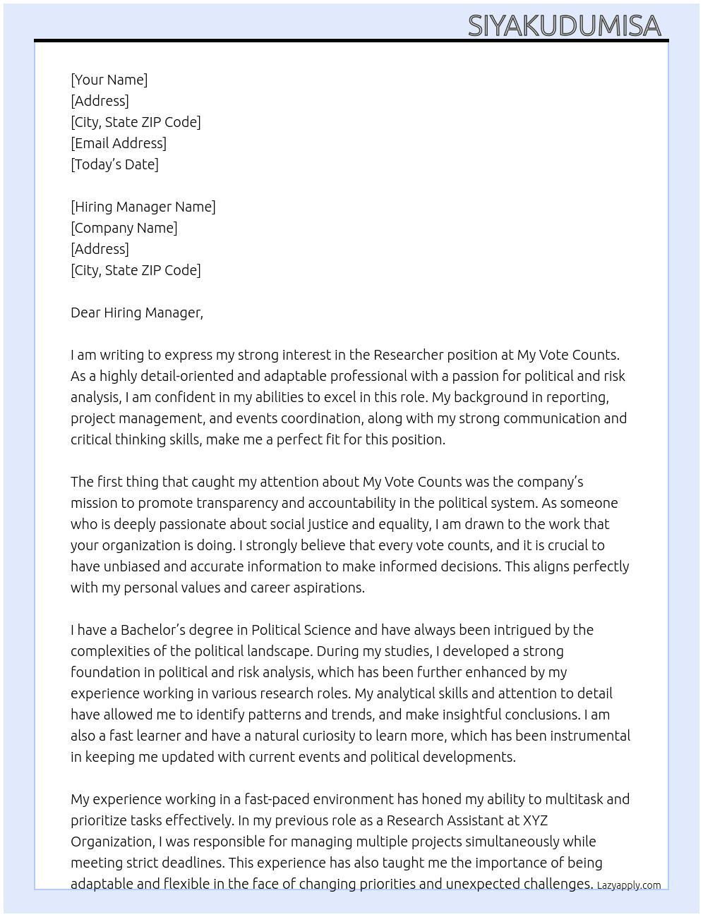 Researcher At My Vote Counts Cover Letter