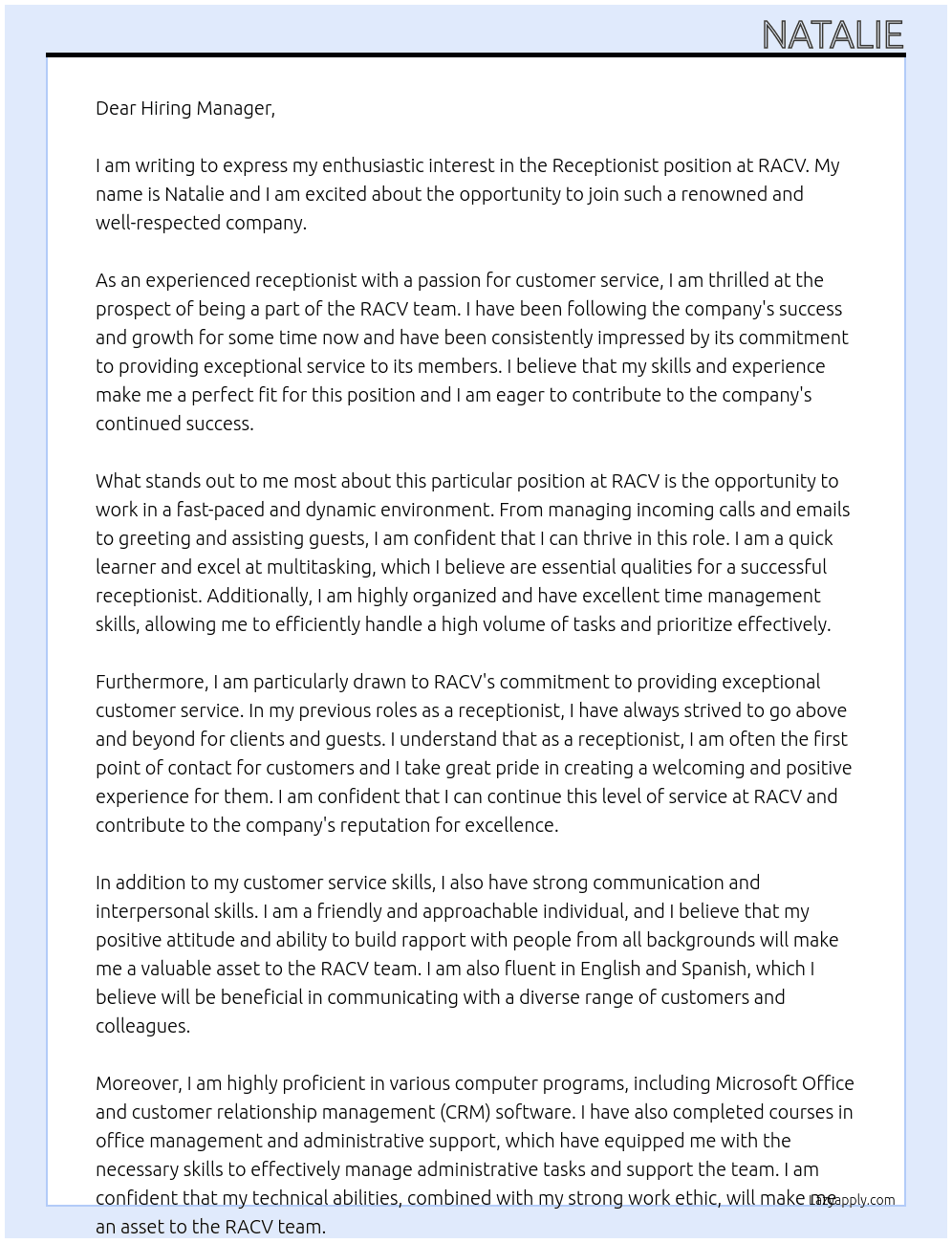 Receptionist  At RACV Cover Letter