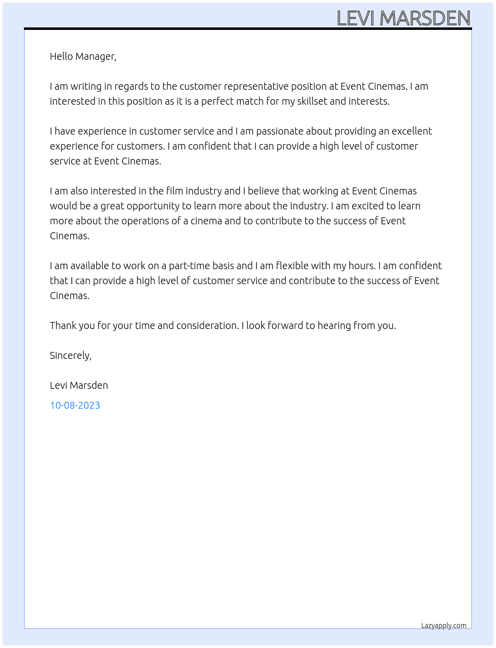 customer representitive At Event cinemas Cover Letter